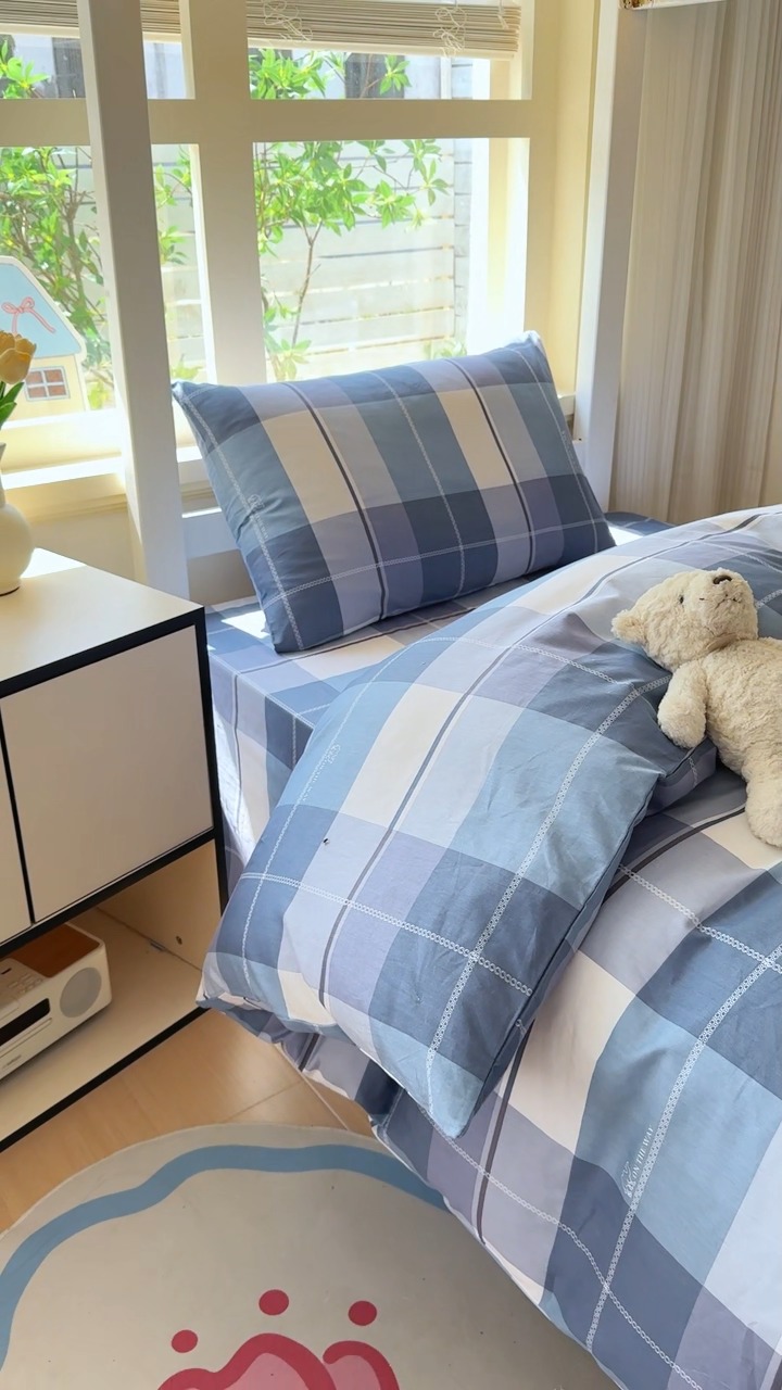91家纺网 家纺一手货源 找家纺 （总）2026简约13372纯棉全棉学生三四件套宿舍上下铺全棉纯棉格子印花三件套件单品被套床单枕套学生季