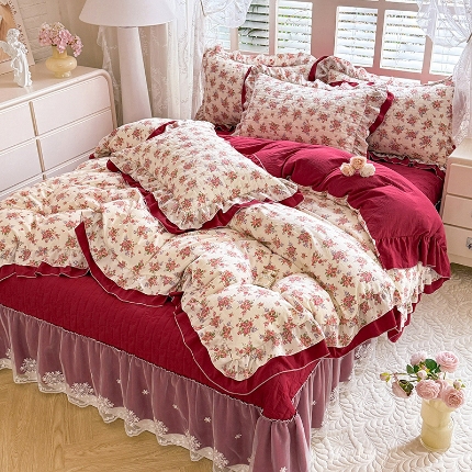 91家纺网 家纺一手货源 找家纺 （总）（总）2026春夏新款ins风小清新AB版法式云朵棉木棉床盖款四件套