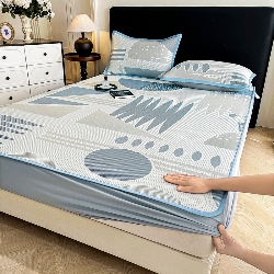 91家纺网 家纺一手货源 找家纺 （总）宜派家纺 2026新款PE凉感丝床笠款凉席三件套冰丝席空调席豆豆席软席,几何-粉,几何-灰,几何-蓝,几何-绿