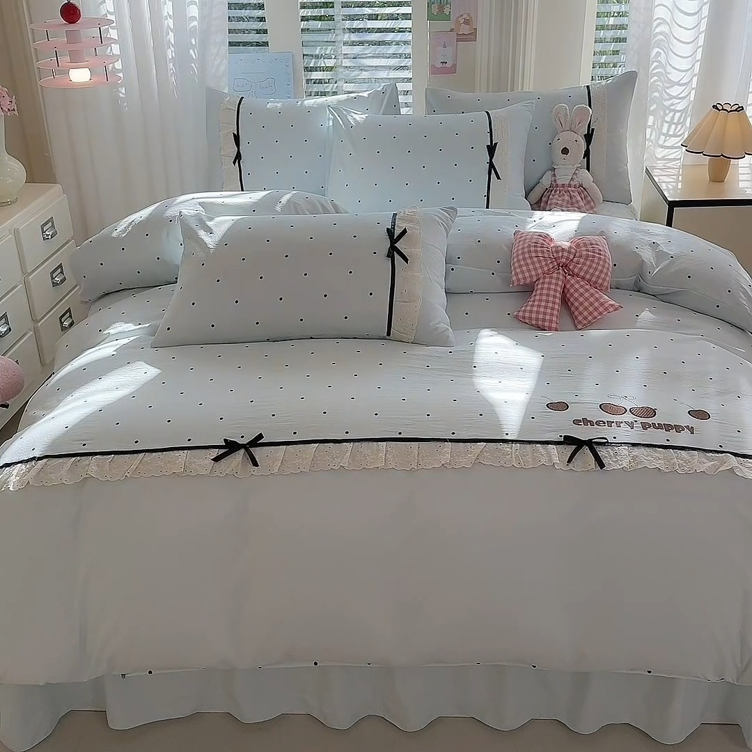 91家纺网 家纺一手货源 找家纺 （总）漫布云家纺 2026新款春夏古法水洗棉床盖款四件套-波点系列