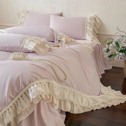 惯盈家纺 2026新款法式公主风珍珠蕾丝斜纹全棉四件套-Lucy露西（含买家秀） 浅紫