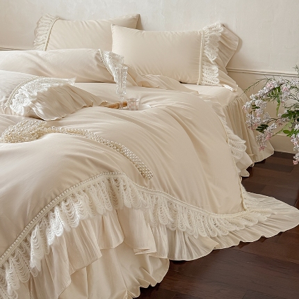 惯盈家纺 2026新款法式公主风珍珠蕾丝斜纹全棉四件套-Lucy露西（含买家秀） 奶灰