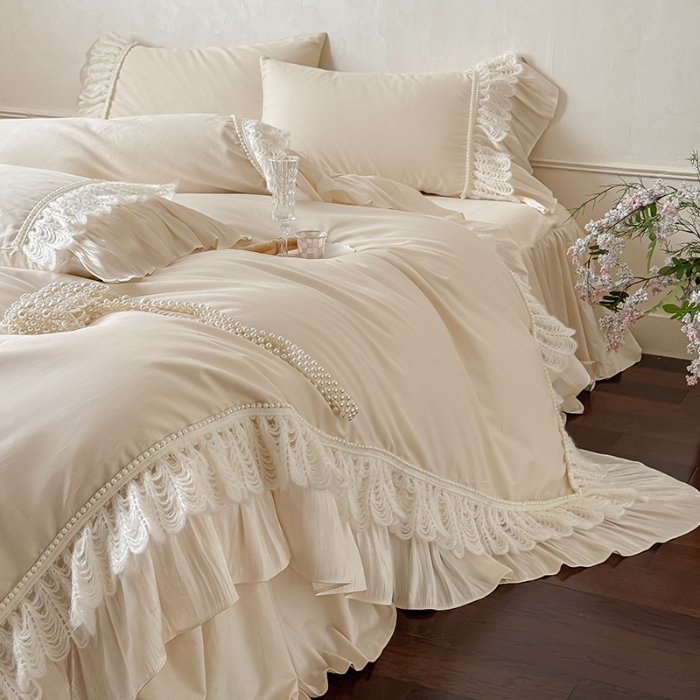 91家纺网 家纺一手货源 找家纺 惯盈家纺 2026新款法式公主风珍珠蕾丝斜纹全棉四件套-Lucy露西（含买家秀） 奶灰