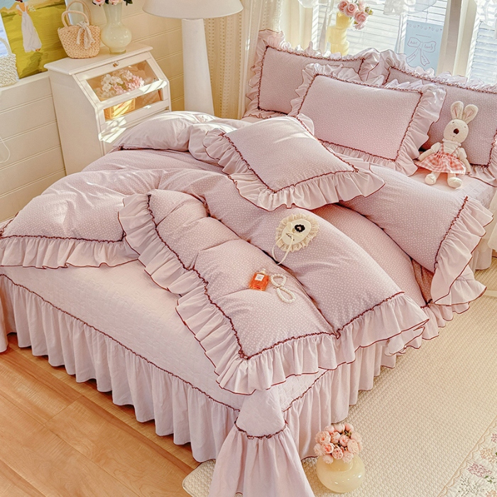 91家纺网 家纺一手货源 找家纺 （总）苏米娜2026春夏新品韩版公主风超柔水洗棉床盖四件套刺绣针织棉双层纱纯棉棉麻全棉公主风床盖款四件套