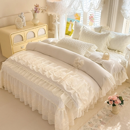 91家纺网 家纺一手货源 找家纺 （总）（总）苏米娜2026春夏新品韩版公主风小清新水洗棉床盖四件套针织棉双层纱纯棉棉麻全棉公主风床盖款四件套