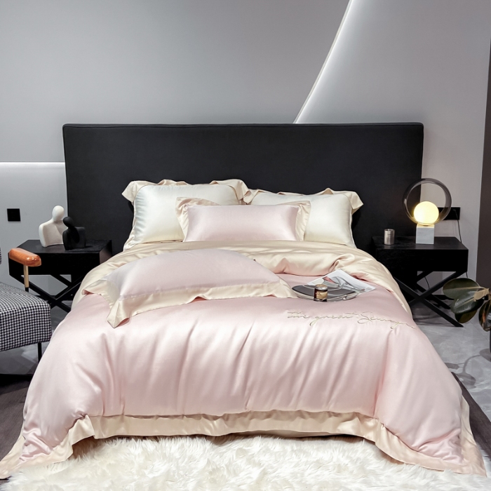 91家纺网 家纺一手货源 找家纺 高档礼盒装春夏新品超细旦冷凝天丝刺绣四件套100%莱赛尔 冰梅粉-缦悦-A类超细旦冷凝天丝