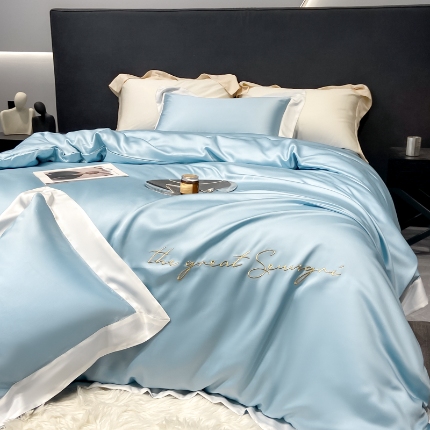 高档礼盒装春夏新品超细旦冷凝天丝刺绣四件套100%莱赛尔 冰蓝-缦悦-A类超细旦冷凝天丝