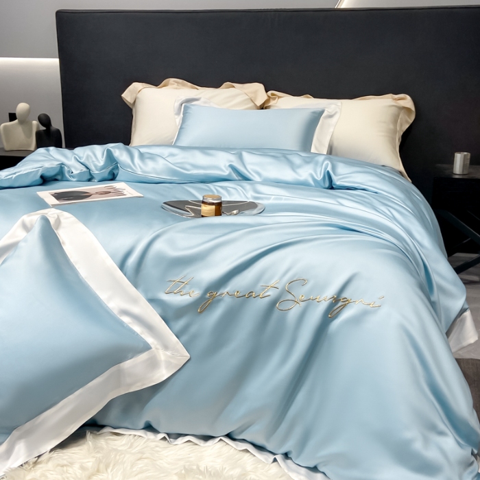 91家纺网 家纺一手货源 找家纺 高档礼盒装春夏新品超细旦冷凝天丝刺绣四件套100%莱赛尔 冰蓝-缦悦-A类超细旦冷凝天丝