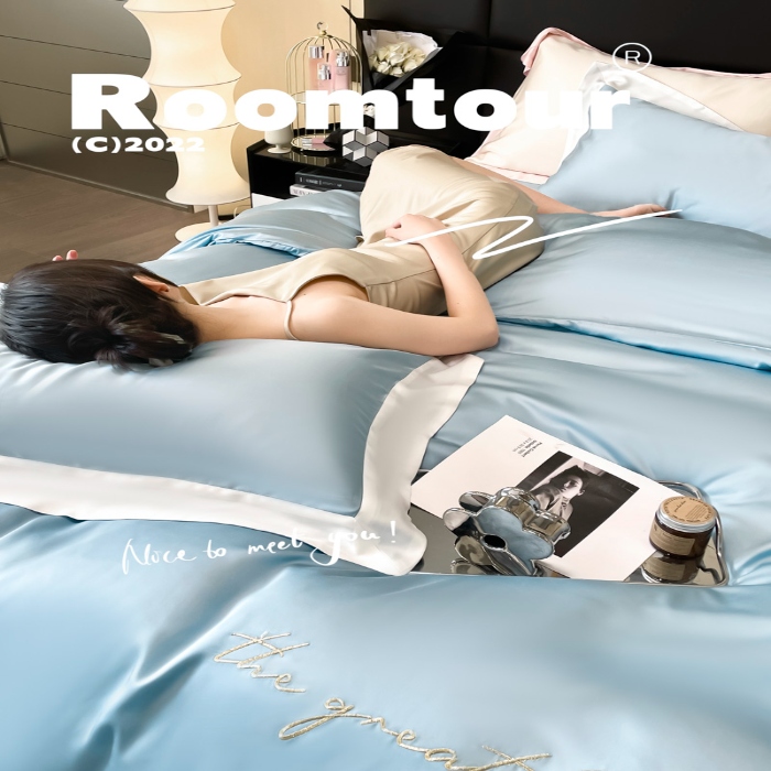 91家纺网 家纺一手货源 找家纺 高档礼盒装春夏新品超细旦冷凝天丝刺绣四件套100%莱赛尔 冰蓝-缦悦-A类超细旦冷凝天丝