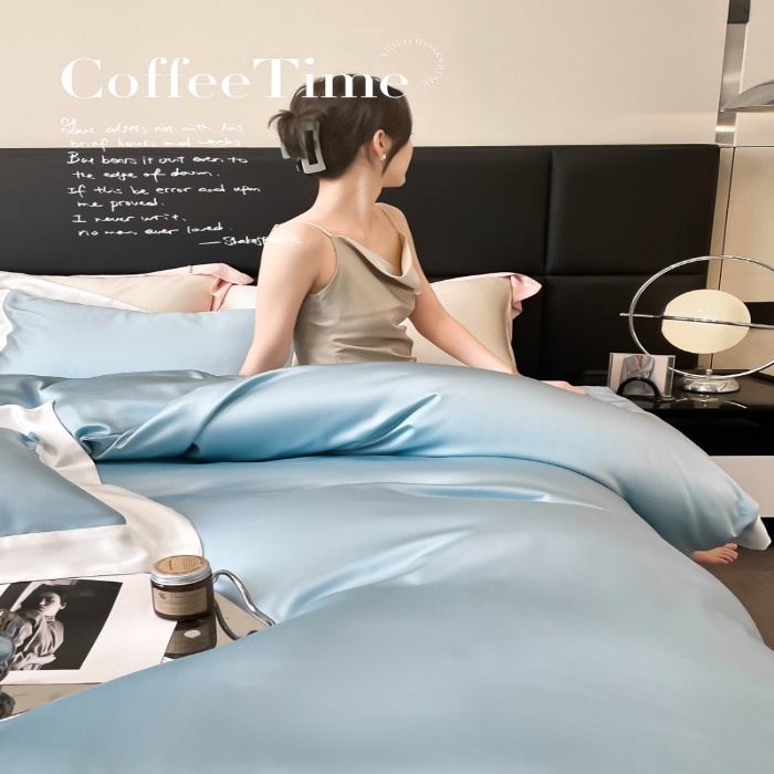 91家纺网 家纺一手货源 找家纺 高档礼盒装春夏新品超细旦冷凝天丝刺绣四件套100%莱赛尔 冰蓝-缦悦-A类超细旦冷凝天丝