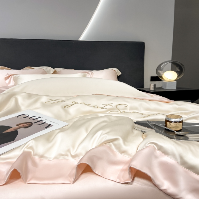 91家纺网 家纺一手货源 找家纺 高档礼盒装春夏新品超细旦冷凝天丝刺绣四件套100%莱赛尔 奶昔白-缦悦-A类超细旦冷凝天丝