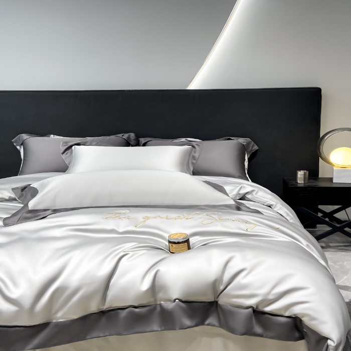 91家纺网 家纺一手货源 找家纺 高档礼盒装春夏新品超细旦冷凝天丝刺绣四件套100%莱赛尔 魅银-缦悦-A类超细旦冷凝天丝