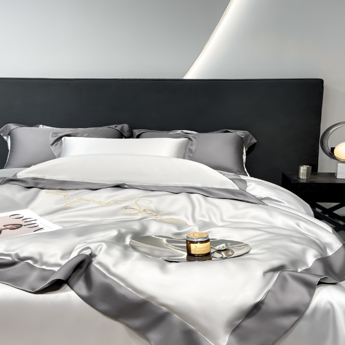 91家纺网 家纺一手货源 找家纺 高档礼盒装春夏新品超细旦冷凝天丝刺绣四件套100%莱赛尔 魅银-缦悦-A类超细旦冷凝天丝