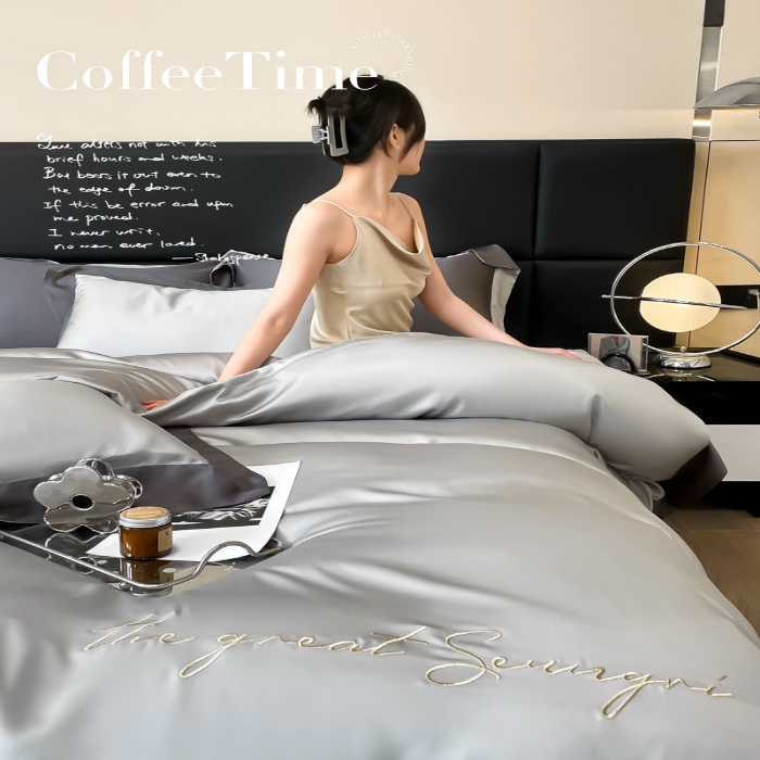 91家纺网 家纺一手货源 找家纺 高档礼盒装春夏新品超细旦冷凝天丝刺绣四件套100%莱赛尔 魅银-缦悦-A类超细旦冷凝天丝