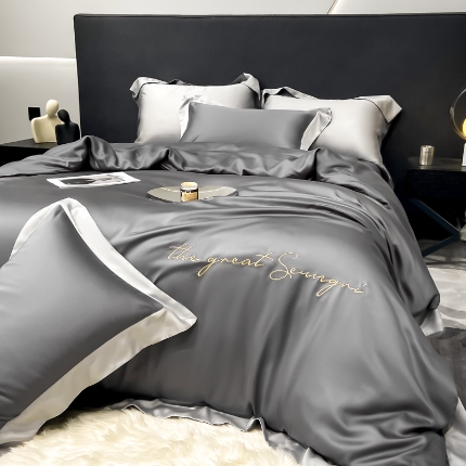 高档礼盒装春夏新品超细旦冷凝天丝刺绣四件套100%莱赛尔 高级灰-缦悦-A类超细旦冷凝天丝