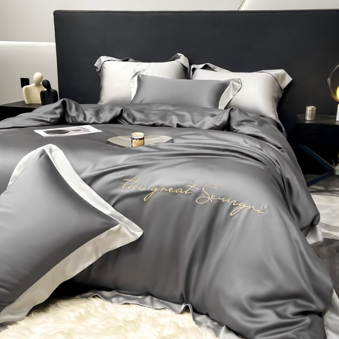 91家纺网 家纺一手货源 找家纺 高档礼盒装春夏新品超细旦冷凝天丝刺绣四件套100%莱赛尔 高级灰-缦悦-A类超细旦冷凝天丝