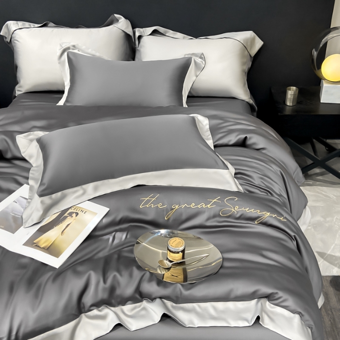 91家纺网 家纺一手货源 找家纺 高档礼盒装春夏新品超细旦冷凝天丝刺绣四件套100%莱赛尔 高级灰-缦悦-A类超细旦冷凝天丝