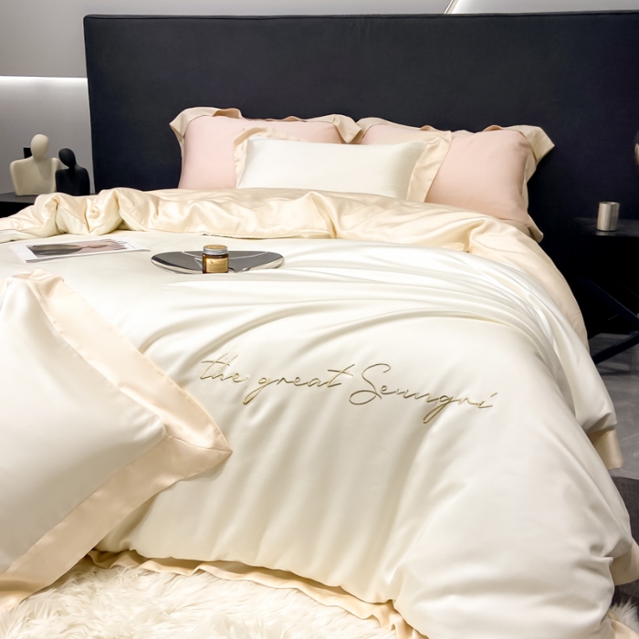 91家纺网 家纺一手货源 找家纺 高档礼盒装春夏新品超细旦冷凝天丝刺绣四件套100%莱赛尔 白金-缦悦-A类超细旦冷凝天丝