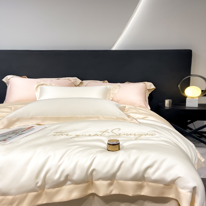 91家纺网 家纺一手货源 找家纺 高档礼盒装春夏新品超细旦冷凝天丝刺绣四件套100%莱赛尔 白金-缦悦-A类超细旦冷凝天丝