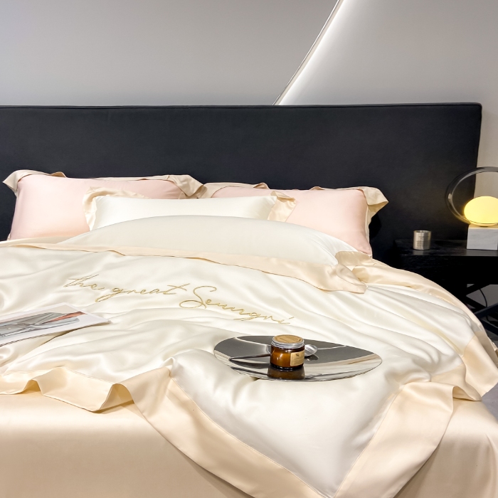 91家纺网 家纺一手货源 找家纺 高档礼盒装春夏新品超细旦冷凝天丝刺绣四件套100%莱赛尔 白金-缦悦-A类超细旦冷凝天丝