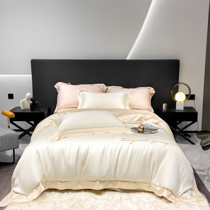 91家纺网 家纺一手货源 找家纺 高档礼盒装春夏新品超细旦冷凝天丝刺绣四件套100%莱赛尔 白金-缦悦-A类超细旦冷凝天丝