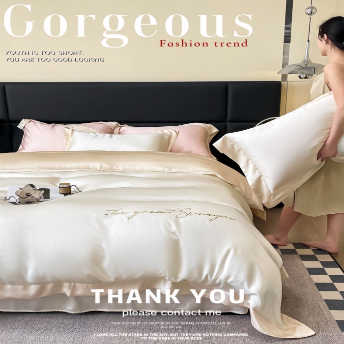 91家纺网 家纺一手货源 找家纺 高档礼盒装春夏新品超细旦冷凝天丝刺绣四件套100%莱赛尔 白金-缦悦-A类超细旦冷凝天丝