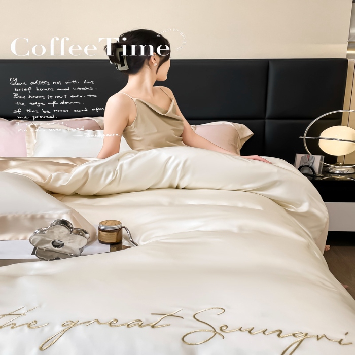 91家纺网 家纺一手货源 找家纺 高档礼盒装春夏新品超细旦冷凝天丝刺绣四件套100%莱赛尔 白金-缦悦-A类超细旦冷凝天丝