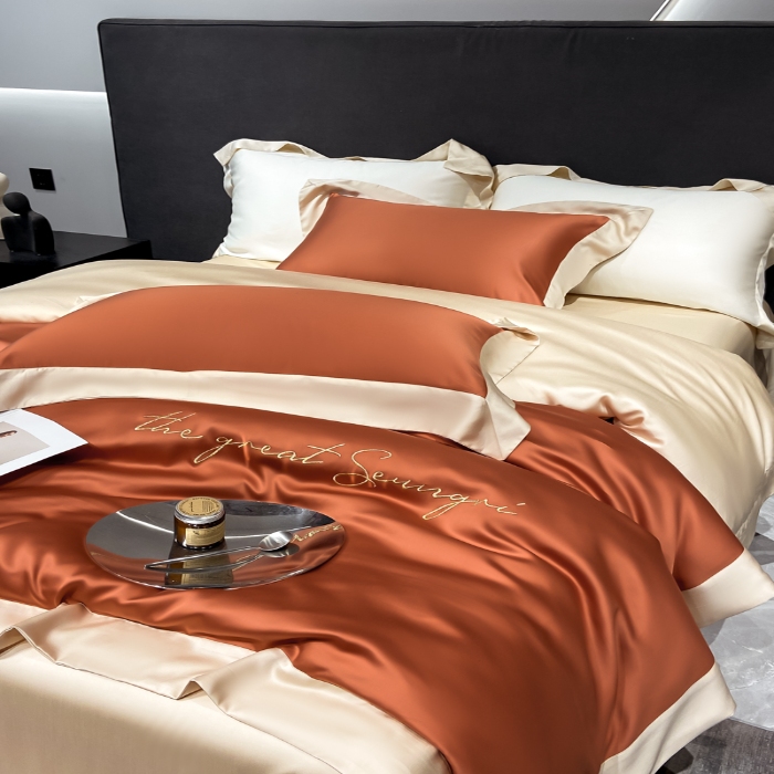 91家纺网 家纺一手货源 找家纺 高档礼盒装春夏新品超细旦冷凝天丝刺绣四件套100%莱赛尔 焦糖咖-缦悦-A类超细旦冷凝天丝