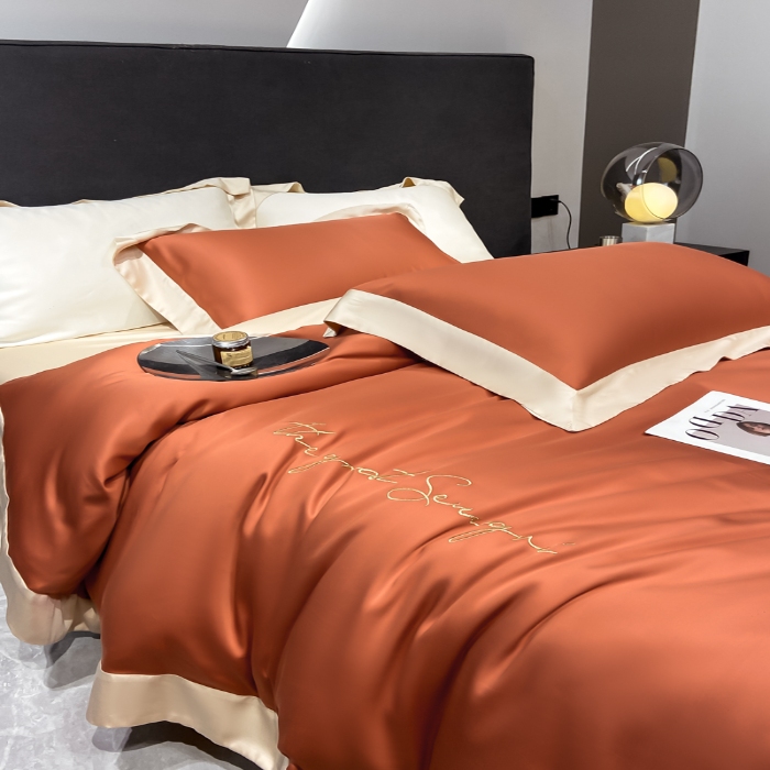 91家纺网 家纺一手货源 找家纺 高档礼盒装春夏新品超细旦冷凝天丝刺绣四件套100%莱赛尔 焦糖咖-缦悦-A类超细旦冷凝天丝