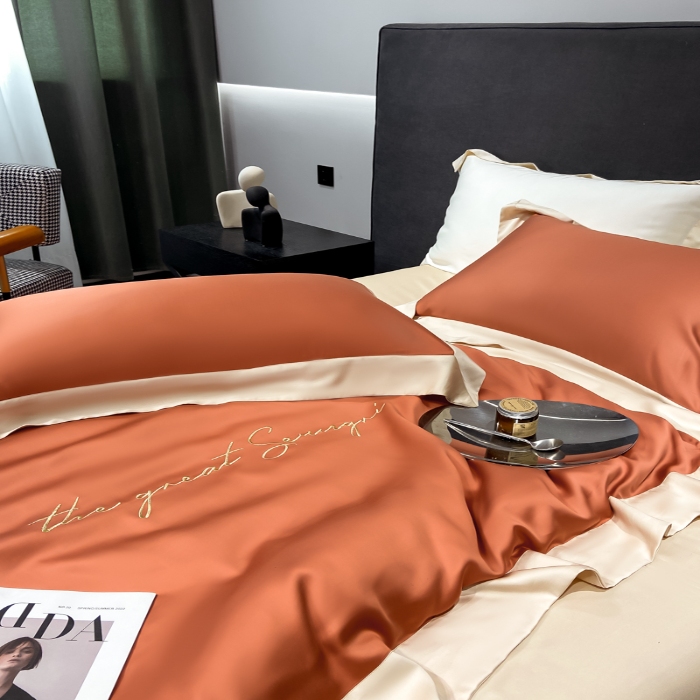 91家纺网 家纺一手货源 找家纺 高档礼盒装春夏新品超细旦冷凝天丝刺绣四件套100%莱赛尔 焦糖咖-缦悦-A类超细旦冷凝天丝