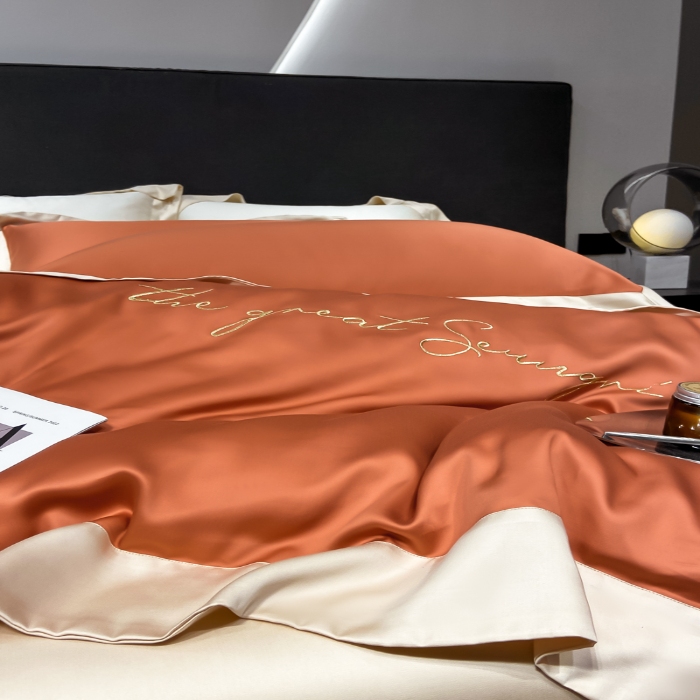 91家纺网 家纺一手货源 找家纺 高档礼盒装春夏新品超细旦冷凝天丝刺绣四件套100%莱赛尔 焦糖咖-缦悦-A类超细旦冷凝天丝