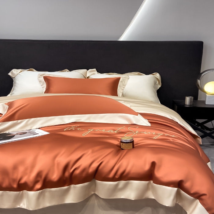 91家纺网 家纺一手货源 找家纺 高档礼盒装春夏新品超细旦冷凝天丝刺绣四件套100%莱赛尔 焦糖咖-缦悦-A类超细旦冷凝天丝