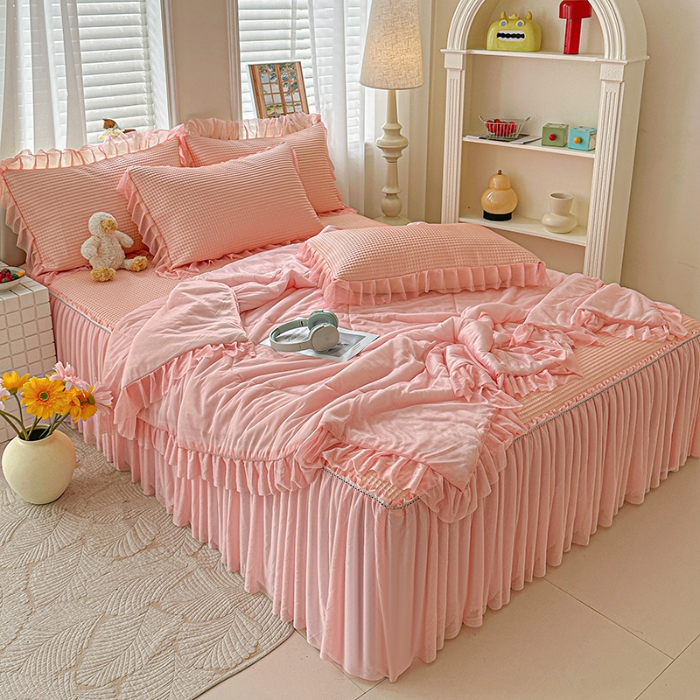 91家纺网 家纺一手货源 找家纺 （总）2026新款冰丝提花床裙款豆豆凉席三件套软席空调席套件韩式花边凉席四件套配夏凉被