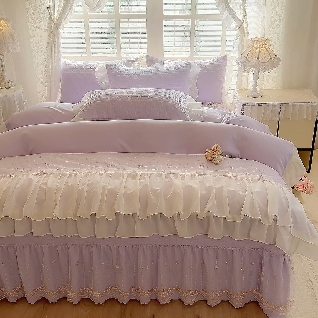 91家纺网 家纺一手货源 找家纺 （总）2026春夏新品韩版公主风小清新水洗棉床盖四件套针织棉双层纱纯棉棉麻全棉公主风床盖款四件套