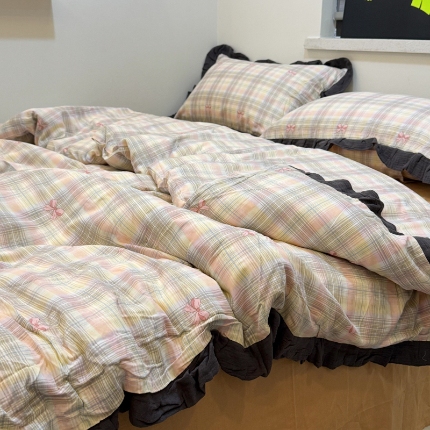 91家纺网 家纺一手货源 找家纺 （总）【疆东】2026韩版蕾丝花边纯棉全棉双层纱四件套印花纯棉四件套法式赫本木耳花边全棉公主双层纱四件套