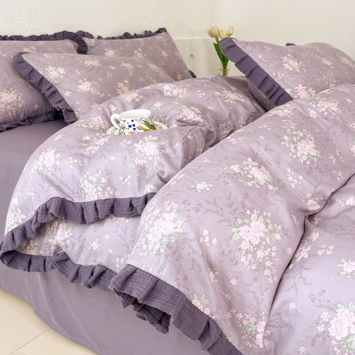 91家纺网 家纺一手货源 找家纺 （总）【疆东】2026韩版蕾丝花边纯棉全棉双层纱四件套印花纯棉四件套法式赫本木耳花边全棉公主双层纱四件套