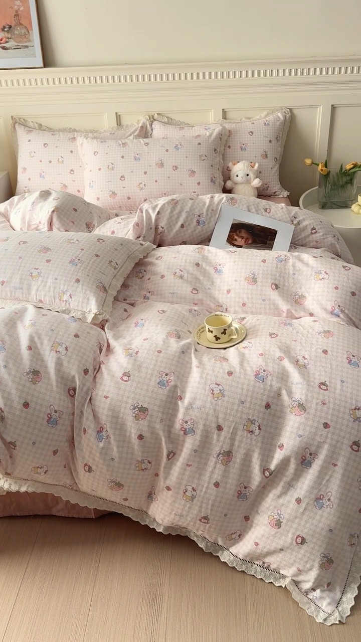 91家纺网 家纺一手货源 找家纺 （总）【疆东】2026韩版蕾丝花边纯棉全棉双层纱四件套印花纯棉四件套法式赫本木耳花边全棉公主双层纱四件套