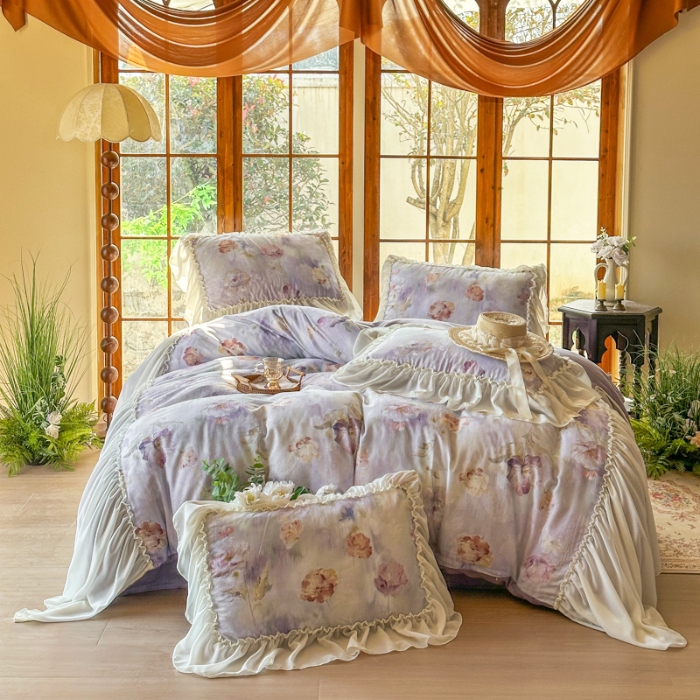 91家纺网 家纺一手货源 找家纺 （总）2026高端韩版法式公主复古油画风全棉纯棉双层纱四件套赫本浪漫荷叶花边仙女风全棉双层纱四件套床上用品被套床单床笠
