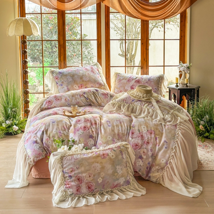 91家纺网 家纺一手货源 找家纺 （总）2026高端韩版法式公主复古油画风全棉纯棉双层纱四件套赫本浪漫荷叶花边仙女风全棉双层纱四件套床上用品被套床单床笠