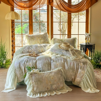 91家纺网 家纺一手货源 找家纺 （总）2026高端韩版法式公主复古油画风全棉纯棉双层纱四件套赫本浪漫荷叶花边仙女风全棉双层纱四件套床上用品被套床单床笠