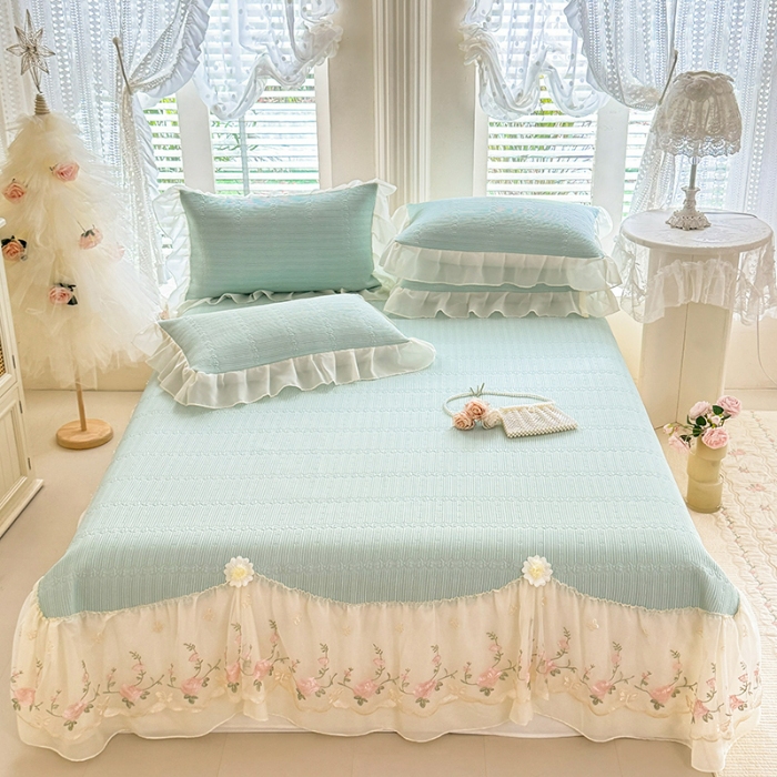 91家纺网 家纺一手货源 找家纺 苏米娜家纺SUMINA 2026新款PE高分子弯边工艺床裙款凉席三件套-可心 可心-清新绿