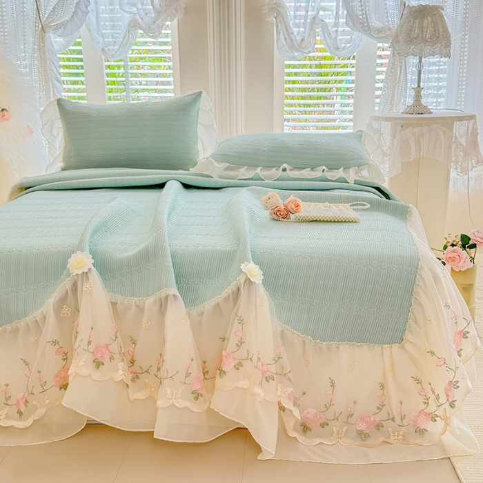 91家纺网 家纺一手货源 找家纺 苏米娜家纺SUMINA 2026新款PE高分子弯边工艺床裙款凉席三件套-可心 可心-清新绿