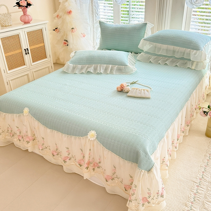 91家纺网 家纺一手货源 找家纺 苏米娜家纺SUMINA 2026新款PE高分子弯边工艺床裙款凉席三件套-可心 可心-清新绿