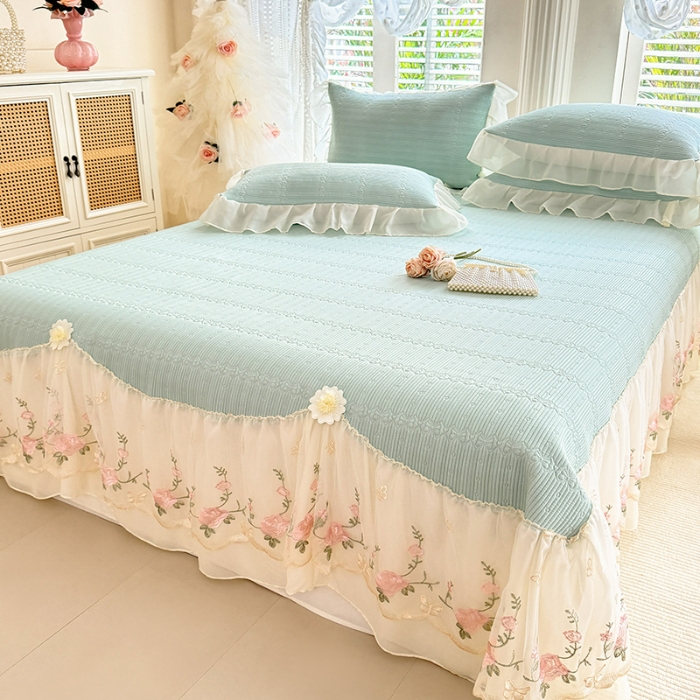 91家纺网 家纺一手货源 找家纺 苏米娜家纺SUMINA 2026新款PE高分子弯边工艺床裙款凉席三件套-可心 可心-清新绿