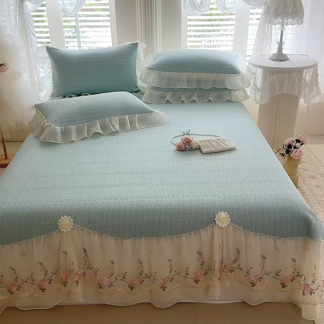 91家纺网 家纺一手货源 找家纺 苏米娜家纺SUMINA 2026新款PE高分子弯边工艺床裙款凉席三件套-可心 可心-清新绿