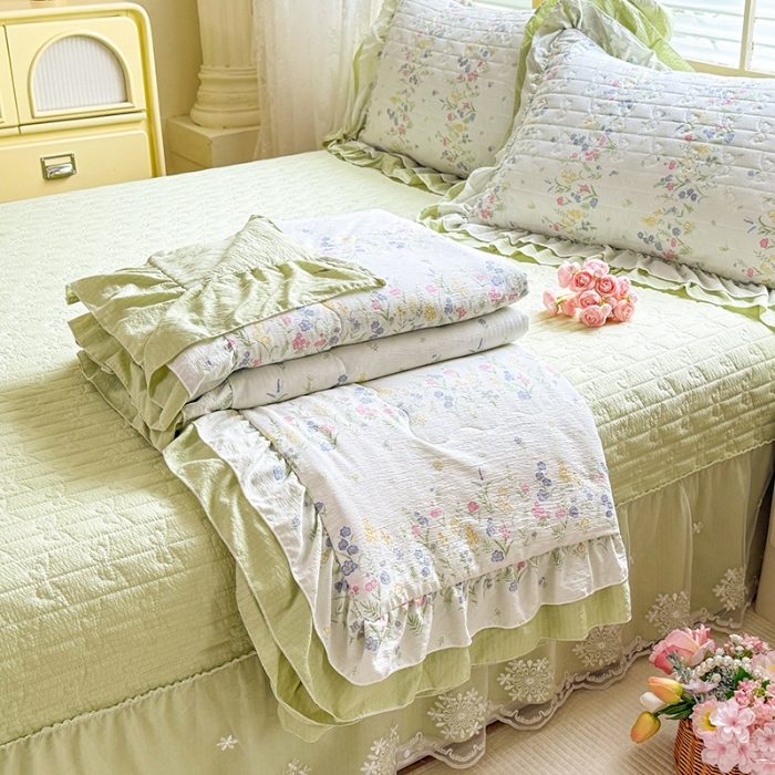 91家纺网 家纺一手货源 找家纺 （总）（总）苏米娜 2026韩版双层花边木棉皱皱纱夏被床盖款-小清新系列
