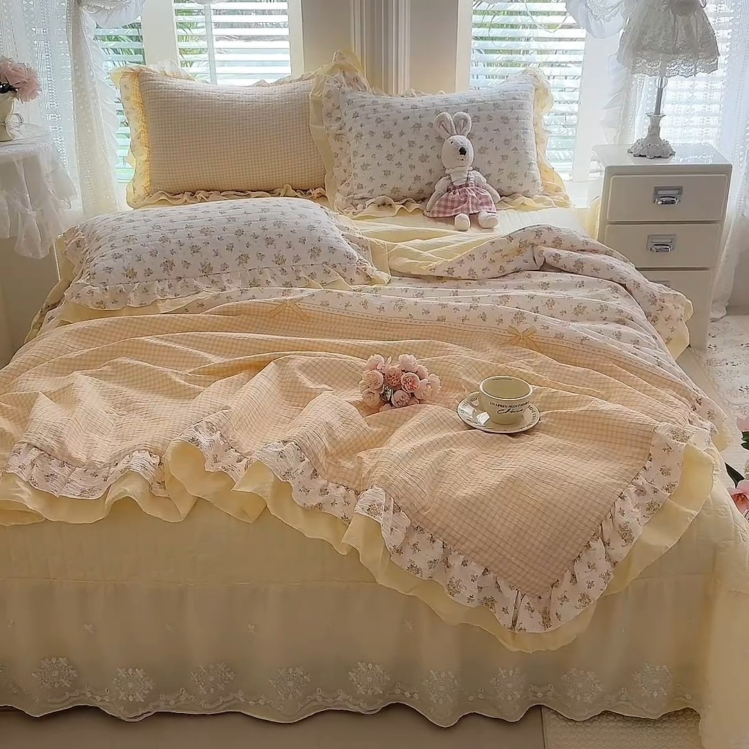 91家纺网 家纺一手货源 找家纺 （总）（总）苏米娜 2026韩版双层花边木棉皱皱纱夏被床盖款-小清新系列