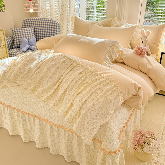 91家纺网 家纺一手货源 找家纺 苏米娜家纺SUMINA 2026新款春夏超柔纯棉水洗棉木棉云朵棉床盖款四件套-艾洛花园系列 艾洛花园-柠檬黄 