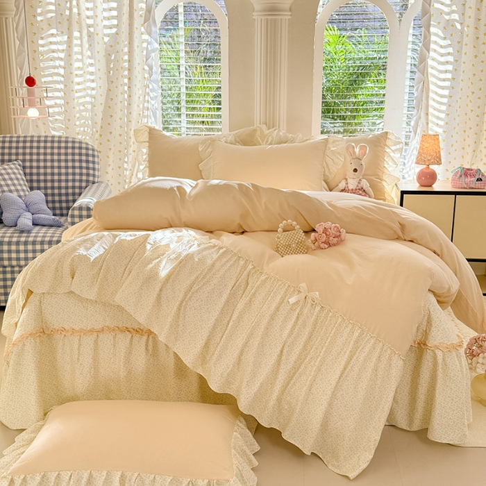 91家纺网 家纺一手货源 找家纺 苏米娜家纺SUMINA 2026新款春夏超柔纯棉水洗棉木棉云朵棉床盖款四件套-艾洛花园系列 艾洛花园-柠檬黄 