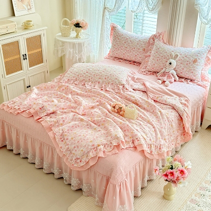 91家纺网 家纺一手货源 找家纺 （总）苏米娜2026韩版双层花边云朵棉木棉皱皱纱夏被床盖款四件套单夏被-小清新系列